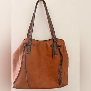 Classic Tan Leather Tote with Patterned Trim